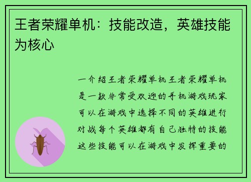 王者荣耀单机：技能改造，英雄技能为核心